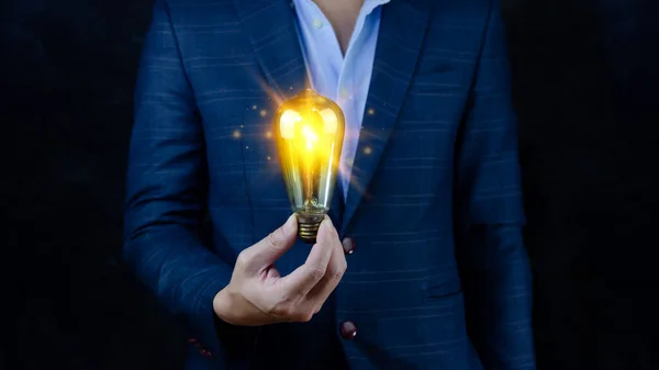 Helle Idee Der Hand Geschäftsmann Hände Halten Glühbirne Für Konzept — Stockfoto