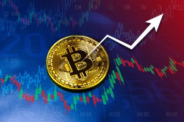 Grafik grafiği, elektronik sanal para ve madencilik kripto para kavramının sembolü olan tablo şeması üzerinde Bitcoin sikkeleri. Para kripto para birimi bitcoin kavramı.