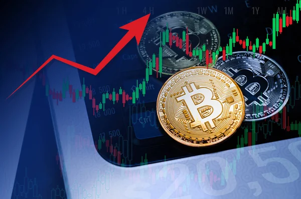 Grafik grafiği, elektronik sanal para ve madencilik kripto para kavramının sembolü olan tablo şeması üzerinde Bitcoin sikkeleri. Para kripto para birimi bitcoin kavramı.