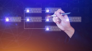 İşadamı şifreli bloklar zinciri ile sanal ekrana dokunarak çevrimiçi ödemeler ve para transferi için şifreli bloklar ve bitcoin kullanıyor..