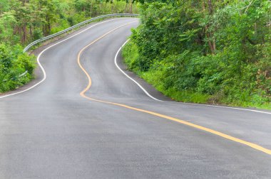 İki tarafında ağaçlar olan kırsal yol, yolun kıvrımı.