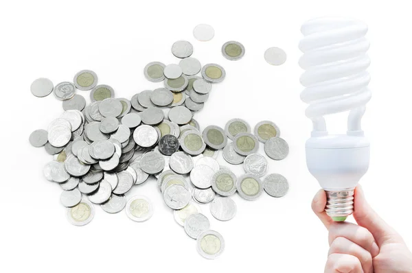 Energy Saving Concept Woman Hand Holding Light Bulb Coin White — Stock Photo, Image