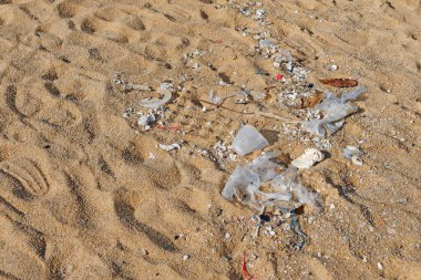 Plastik torbalar plajda atık doğayı kirletirken bırakılıyor, Plastik 'i ayrıştırmak, ekosistemi, Dünya Çevre Günü konseptini yok etmek zor. Sahilde çöp döküldü.
