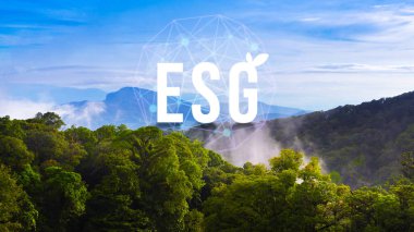 Çevre, sosyal ve yönetim için ESG ikonu konsepti sürdürülebilir ve etik işte ağ bağlantısında güzel doğal manzara arka planında.