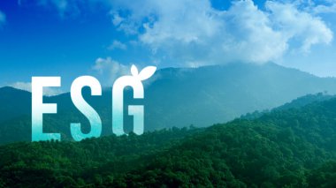 Çevre, sosyal ve yönetim için ESG ikonu konsepti sürdürülebilir ve etik işte ağ bağlantısında güzel doğal manzara arka planında.