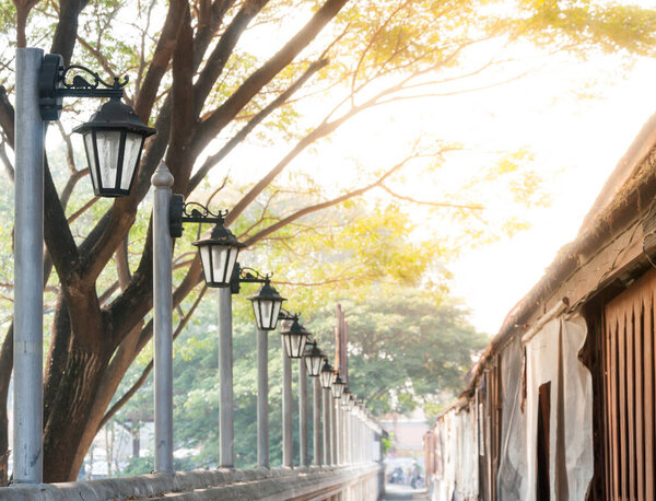 Уличная лампа или винтажная лампа в саду, фонарь в цветущем весеннем парке