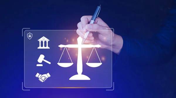 Justice Law Concept Legal Advice Businessman Holding Scales Digital Hologram — Stock Photo, Image