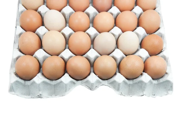 Huevos Bandeja Papel Aislados Sobre Huevos Blancos Marrones Una Caja — Foto de Stock