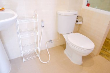 Modern bir banyoda klozet, sifonu temiz banyo.