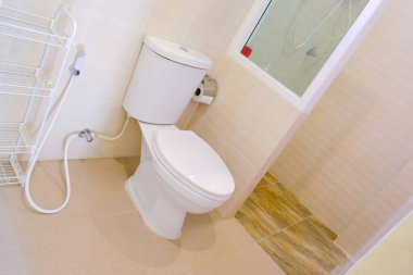 Modern bir banyoda klozet, sifonu temiz banyo.