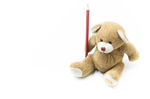 Brinquedo Ursinho Pelúcia Marrom Sentado Segurando Lápis Vermelho Fundo Branco — Fotografia de Stock
