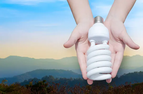 Energibesparande Koncept Kvinna Hand Hålla Glödlampa Naturen Landskap Bakgrund Idéer — Stockfoto