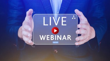 Webinar E-business Browsing Connection, online teknoloji web yayını, çevrimiçi eğitim, internette iletişim teknolojisi kullanan bir işadamı. elearning