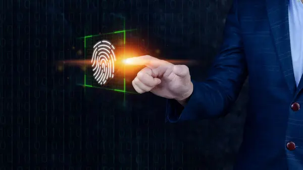 Бизнесмен Сканирования Отпечатков Пальцев Биометрической Идентификации Авторизации Футуристической Концепции Безопасности — стоковое фото
