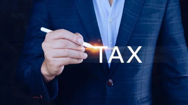 Concept of taxes payment optimisation business finance, Businessman touching taxes icon, income tax and property, Tax Payment, individuals and corporations such as VAT