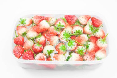 Kırmızı taze çilek soğuk suyun içinde, tatlı bahar çilekleri yakın plan, beyaz arka plan