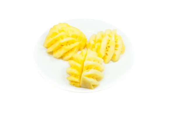 Frische Ananasfrüchte Auf Schale Weiß Isoliert Auf Weißem Hintergrund — Stockfoto