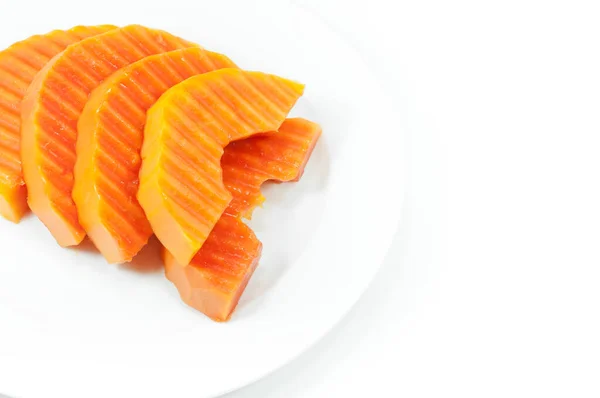 Ripe Papaya Fruit Sliced White Dish White Background — Stock Photo, Image