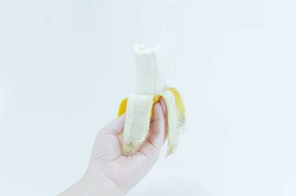 Peeled Banana Female Hand Holding White Background Banana Fruits — Stock Photo, Image