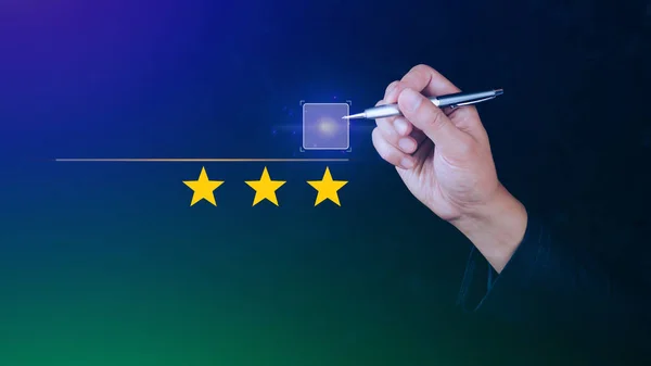 3 star rating. Businessman customer giving three star rating, Review, Service rating, Satisfaction, Customer service experience and feedback review satisfaction.