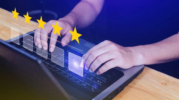 5 star rating. Businessman customer giving five star rating, Review, Service rating, Satisfaction, Customer service experience and feedback review satisfaction.