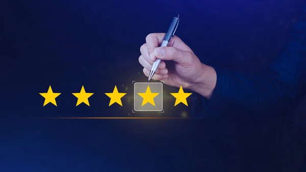 5 star rating. Businessman customer giving five star rating, Review, Service rating, Satisfaction, Customer service experience and feedback review satisfaction.