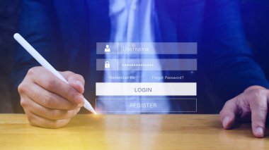 siber güvenlik ve güvenlik şifre girişi çevrimiçi konsept Eller yazma ve giriş sosyal medyanın kullanıcı adı ve parolası, çevrimiçi banka hesabı ile giriş, veri koruma hackerı