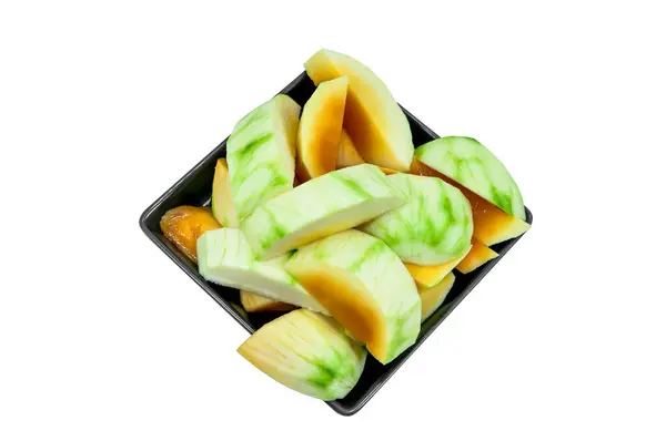 Mango Ripe Mangoes Ready Eat Black Dish Isolated White — Stock Photo, Image