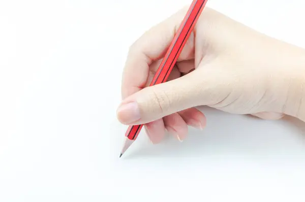 Die Hand Einer Frau Hält Einen Roten Bleistift Auf Weißem — Stockfoto