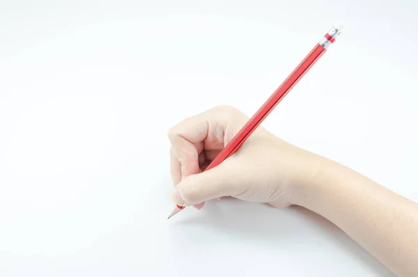 Kobieta Trzyma Rękę Czerwonym Ołówkiem Białym Tle — Zdjęcie stockowe