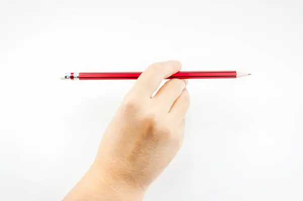 Frauenhand Mit Rotem Bleistift Auf Weißem Hintergrund — Stockfoto