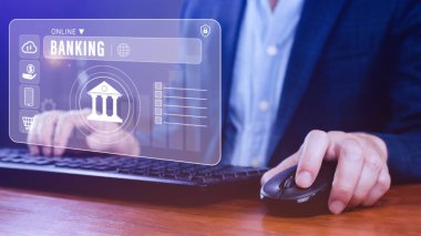 İşadamı sanal ekranda çevrimiçi bankacılık ve ağ bağlantısı simgelerine, çevrimiçi ödeme simgelerine, İnternet Çevrimiçi Bankacılık Ödeme Konseptine dokundu.
