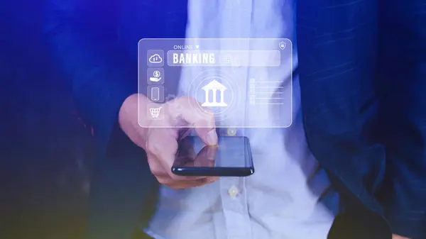 Biznesmen Dotyka Ikon Bankowości Internetowej Połączeń Sieciowych Smartfonie Ikon Płatności — Zdjęcie stockowe