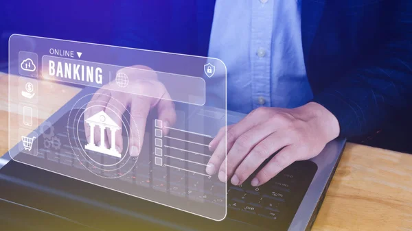 Geschäftsmann Berührt Online Banking Und Netzwerkverbindung Symbole Online Zahlung Symbole — Stockfoto