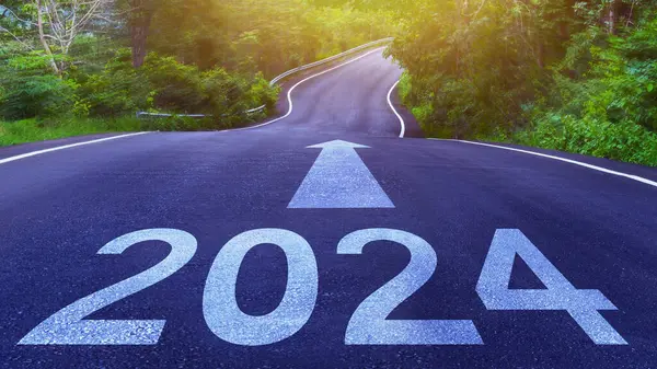 Empty asphalt road with New year 2024 concept. Direction to new year concept and sustainable development idea for goal and success, concept for vision 2023-2025.