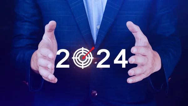 2024 new year goal plan action, Business plan and strategies, Annual plan and development for achieving golas, Goal achievement and success in 2024, Businessman touch 2024 business target icon.