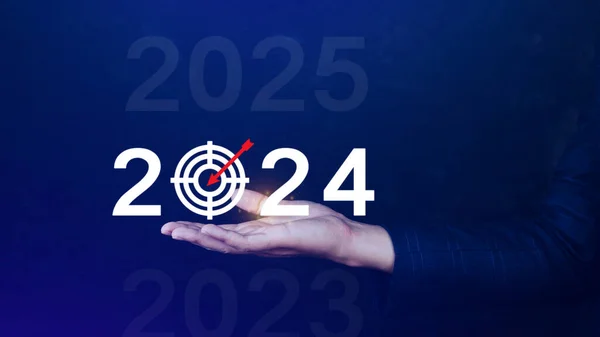 2024 new year goal plan action, Business plan and strategies, Annual plan and development for achieving golas, Goal achievement and success in 2024, Businessman touch 2024 business target icon.