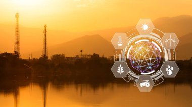 Infographics akıllı çiftçilik ve görsel ikon ile hassas tarım, akıllı tarım sistemi için icat teknolojisi, tarım yönetimi, akıllı teknoloji kavramı modern teknoloji.