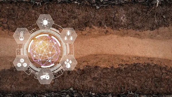 Underground soil layers beneath, stratum of organic clay and precision agriculture with visual icon, Innovation technology for smart farm system, Agriculture management, smart technology concept modern technology.