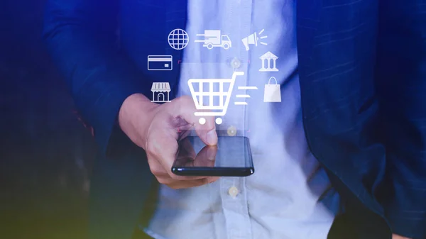 Shopping Online. Using Smartphone shopping online. shopping cart and business icons with virtual, business delivery e-commerce, shopping on internet, offers home delivery.