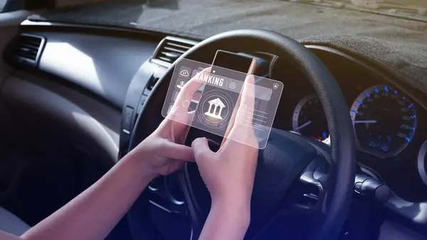 Woman using touches online banking and network connection icons on smartphone in car, online payment icons on virtual screen, Internet Online Banking Pay Concept.