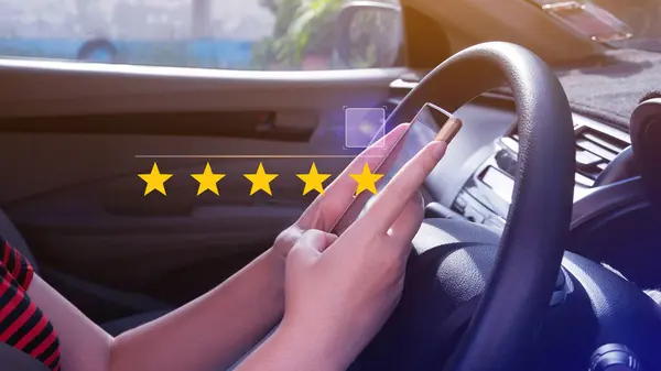 5 star rating. customer giving five star rating on smartphone, Review, Service rating, Satisfaction, Customer service experience and feedback review satisfaction.