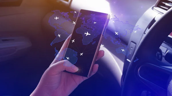 Uses touching flight booking networking on smartphone, Hand pressing light blue world map with flight routes airplane, Transportation concept.