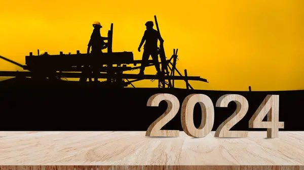 Construction 2024 concept, Silhouette construction site to welcome 2024, Happy New Year 2024, Business common goals for planning new project, annual plan, business target achievement