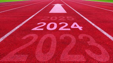 Yeni yıl 2024 konseptiyle atletizm pisti. Yeni yıl kavramına yön ve sürdürülebilir kalkınma fikri, vizyon 2023-2025 kavramı.
