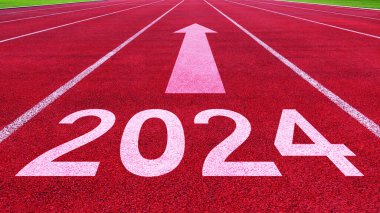 Yeni yıl 2024 konseptiyle atletizm pisti. Yeni yıl kavramına yön ve sürdürülebilir kalkınma fikri, vizyon 2023-2025 kavramı.