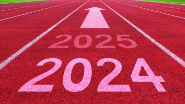 Yeni yıl 2024 konseptiyle atletizm pisti. Yeni yıl kavramına yön ve sürdürülebilir kalkınma fikri, vizyon 2023-2025 kavramı.
