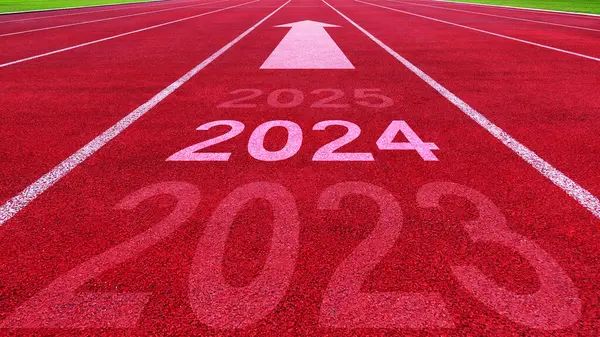 Athletics track road with New year 2024 concept. Direction to new year concept and sustainable development idea for goal and success, concept for vision 2023-2025.