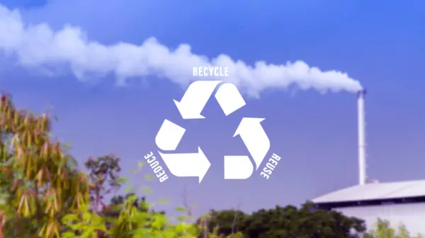 Reduce, reuse, recycle symbol with Metal factory, industry, dawn, smoke, cigarette smoke emissions, bad ecology, environment ozone air low carbon footprint production concept.