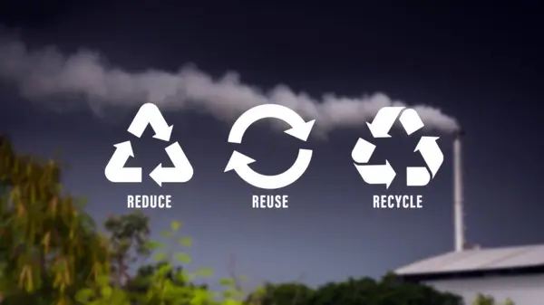 Reduce, reuse, recycle symbol with Metal factory, industry, dawn, smoke, cigarette smoke emissions, bad ecology, environment ozone air low carbon footprint production concept.